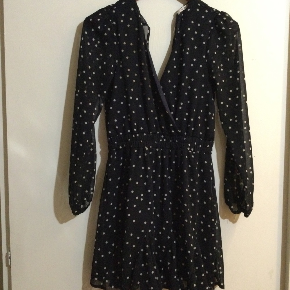 Navy and white polka dot dress.